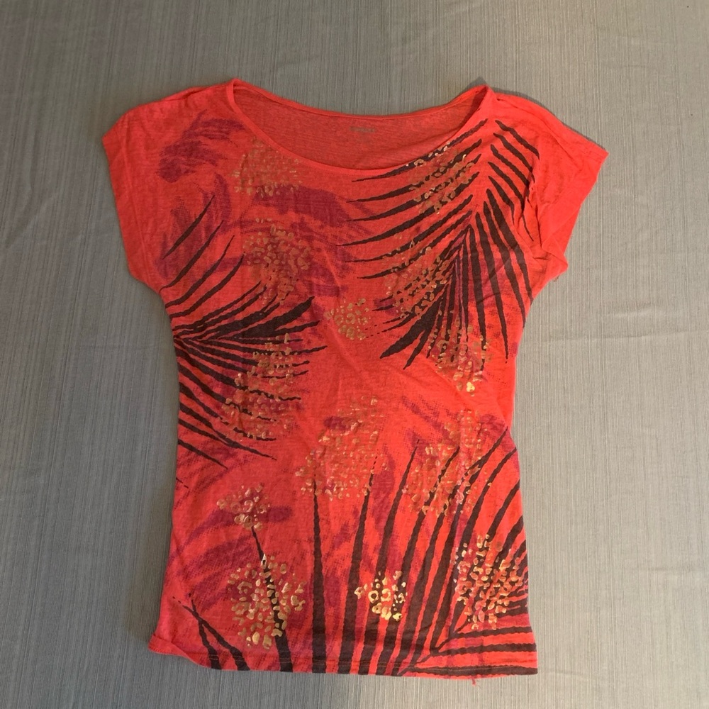 Womens Express Sz Small Petite Pink Multipattern Cap Sleeve Semi-Sheer T-Shirt